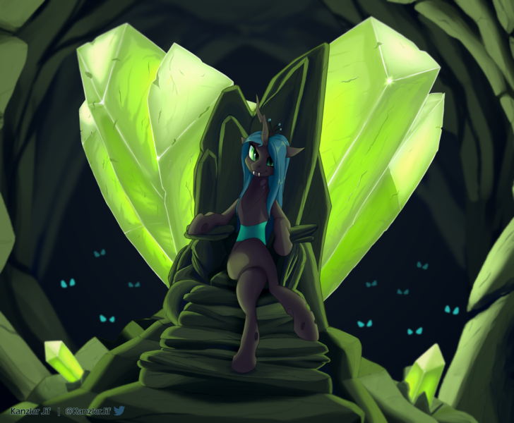 Size: 2565x2115 | Tagged: safe, artist:kanzlerjif, derpibooru import, queen chrysalis, changeling, changeling queen, cave, crystal, dark background, digital art, female, green eyes, heart, horn, image, png, solo, throne