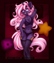 Size: 979x1123 | Tagged: suggestive, artist:sickly-sour, derpibooru import, oc, unofficial characters only, anthro, unicorn, bed, bedroom eyes, bra, clothes, female, image, jpeg, lidded eyes, panties, pillow, smiling, socks, solo, solo female, stockings, thigh highs, underwear