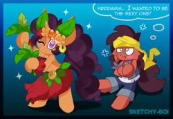 Size: 5100x3500 | Tagged: safe, artist:snakeythingy, derpibooru import, saffron masala, oc, oc:sketchy dupe, genie, bolo, canon x oc, clothes, crossover, dancing, grass skirt, hula, hula dance, image, png, shantae, shantae and the seven sirens, skirt