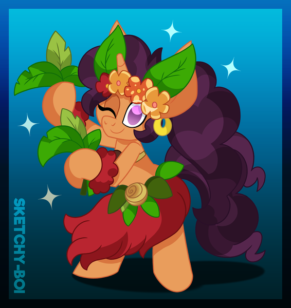 Size: 3300x3500 | Tagged: safe, artist:snakeythingy, derpibooru import, saffron masala, genie, clothes, crossover, dancing, grass skirt, hula, hula dance, image, png, shantae, shantae and the seven sirens, skirt