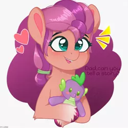 Size: 1280x1280 | Tagged: safe, artist:unianimaart610, derpibooru import, spike, sunny starscout, earth pony, pony, my little pony: a new generation, blushing, dialogue, female, filly, filly sunny starscout, foal, g5, heart, image, jpeg, plushie, smiling, solo, younger