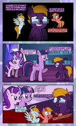 Size: 1920x3169 | Tagged: safe, artist:alexdti, derpibooru import, starlight glimmer, twilight sparkle, twilight sparkle (alicorn), oc, oc:aqua lux, oc:purple creativity, oc:warm focus, alicorn, pegasus, pony, unicorn, comic:quest for friendship, blue eyes, comic, dialogue, eye contact, female, floppy ears, folded wings, glasses, glow, glowing horn, grin, halo, high res, hooves, horn, image, jpeg, looking at each other, looking at someone, mare, multicolored mane, multicolored tail, nervous, nervous grin, open mouth, open smile, pegasus oc, purple eyes, raised hoof, raised leg, shadow, shoulder angel, shoulder devil, shrunken pupils, smiling, speech bubble, spread wings, standing, tail, twilight's castle, wall of tags, wavy mouth, wings