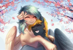Size: 3800x2600 | Tagged: safe, artist:fenwaru, derpibooru import, oc, oc:osteen, oc:peacher, unofficial characters only, pegasus, pony, blushing, chest fluff, ear fluff, eyes closed, forest, forest background, hug, image, jpeg, leaves, love, pegasus oc, smiling, spread wings, teeth, tree, unshorn fetlocks, wings