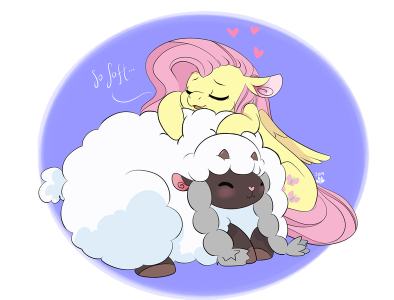 Size: 1280x975 | Tagged: safe, artist:cckittycreative, derpibooru import, fluttershy, pegasus, pony, sheep, wooloo, blushing, cuddling, cute, daaaaaaaaaaaw, dialogue, duo, eyes closed, female, folded wings, heart, image, mare, open mouth, png, pokemon sword and shield, pokémon, shyabetes, snuggling, soft, wings