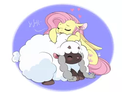 Size: 1280x975 | Tagged: safe, artist:cckittycreative, derpibooru import, fluttershy, pegasus, pony, sheep, wooloo, blushing, cuddling, cute, daaaaaaaaaaaw, dialogue, duo, eyes closed, female, folded wings, heart, image, mare, open mouth, png, pokemon sword and shield, pokémon, shyabetes, snuggling, soft, wings