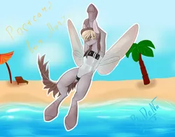 Size: 3268x2560 | Tagged: safe, artist:bydena, derpibooru import, oc, unofficial characters only, pegasus, pony, armpits, beach, clothes, fairy wings, female, gift art, gris swimsuit, image, insect wings, one-piece swimsuit, png, see-through, simple background, solo, spread wings, swimsuit, wings, yellow eyes