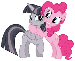 Size: 2437x1988 | Tagged: safe, anonymous artist, artist:sonofaskywalker, artist:wardex101, derpibooru import, edit, pinkie pie, twilight sparkle, twilight sparkle (alicorn), alicorn, earth pony, pony, the summer sun setback, bipedal, blue eyes, cute, diapinkes, discorded, discorded twilight, duo, duo female, female, folded wings, friends, grin, high res, hooves, horn, hug, image, looking at each other, looking at someone, mare, pink mane, pink tail, png, raised eyebrow, raised hoof, simple background, smiling, squishy cheeks, standing, tail, transparent background, twiabetes, vector, wings