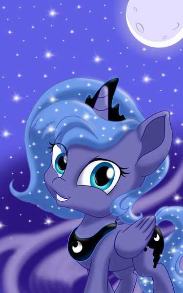 Size: 1280x2048 | Tagged: safe, artist:theroyalprincesses, derpibooru import, princess luna, alicorn, pony, ethereal mane, female, filly, image, jewelry, jpeg, looking at you, moon, night, regalia, smiling, solo, starry mane, stars, woona, younger