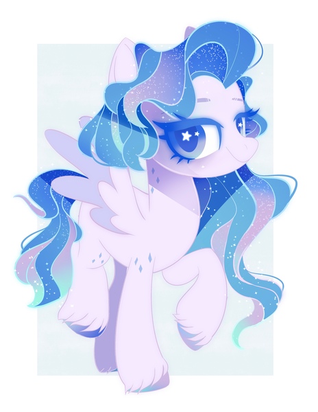 Size: 3424x4429 | Tagged: safe, artist:irusumau, derpibooru import, oc, oc:aurora glimmer, oc:rori, pegasus, pony, ethereal mane, female, full body, image, jpeg, long mane, looking at you, mare, multicolored mane, multicolored tail, passepartout, pegasus oc, solo, spread wings, starry eyes, starry mane, tail, walking, wingding eyes, wings