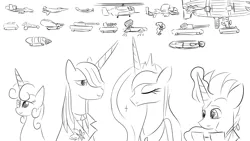 Size: 1920x1080 | Tagged: safe, artist:truffle shine, derpibooru import, prince blueblood, princess celestia, sweetie belle, oc, oc:magnifying glass (mtr), alicorn, pony, robot, unicorn, command and conquer, glasses, image, png, red alert 2, sketch, sweetie bot, tiberian sun