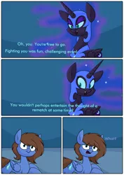 Size: 3000x4242 | Tagged: safe, artist:moonatik, derpibooru import, part of a set, nightmare moon, oc, oc:bizarre song, alicorn, pegasus, pony, alternate timeline, armor, comic, dialogue, eyeshadow, female, helmet, image, makeup, male, mare, missing accessory, new lunar millennium, nightmare takeover timeline, pegasus oc, peytral, png, stallion, wings