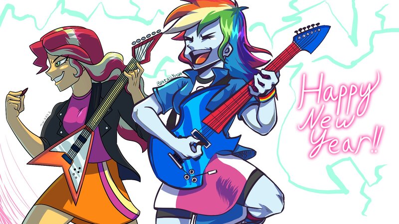 Size: 1920x1080 | Tagged: safe, artist:beefgummies, artist:fatjelyfish, derpibooru import, rainbow dash, sunset shimmer, equestria girls, aggie.io, clothes, collaboration, compression shorts, cute, duo, electric guitar, electricity, eyes closed, female, flying v, guitar, guitar pick, happy new year, happy new year 2022, holiday, image, jacket, jpeg, leather jacket, musical instrument, open mouth, playing instrument, raised leg, rolled up sleeves, shimmerbetes, shorts, skirt, smiling, sunset shredder, text, wristband