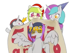 Size: 2000x1414 | Tagged: safe, artist:wild-thunder06, derpibooru import, oc, oc:agua melon, oc:luz, oc:oscuridad, oc:rol fanatic, earth pony, pegasus, pony, unicorn, happy new year, holiday, image, png