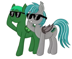 Size: 3797x3100 | Tagged: safe, derpibooru import, oc, oc:malachite cluster, unofficial characters only, bat pony, pony, derpibooru community collaboration, 2022 community collab, cool, duo, image, male, png, simple background, stallion, sunglasses, transparent background