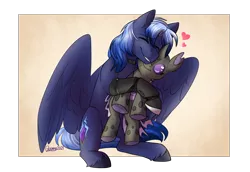 Size: 1742x1200 | Tagged: safe, artist:its-gloomy, derpibooru import, oc, oc:alcippe, oc:kyanite arc, changeling, pegasus, pony, amputee, eyes closed, heart, image, plushie, png, prosthetic leg, prosthetic limb, prosthetics, purple changeling, simple background, sitting, smiling, snuggling, spread wings, wings