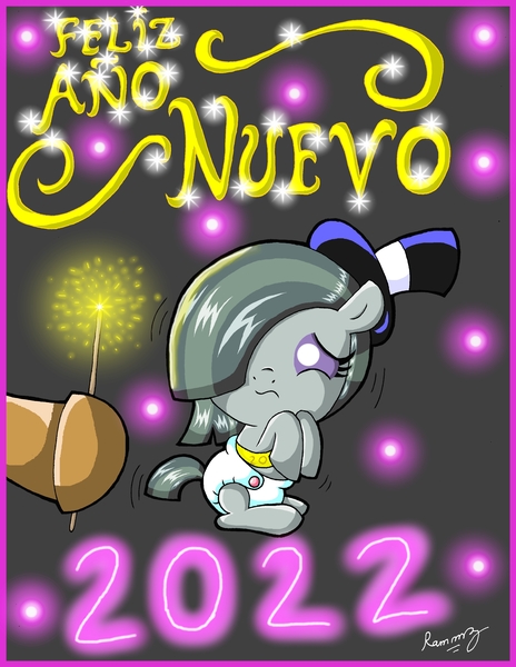 Size: 2545x3289 | Tagged: safe, artist:rammzblood, derpibooru import, marble pie, earth pony, pony, 2022, baby, diaper, female, filly, foal, happy new year 2022, image, jpeg