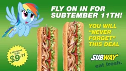 Size: 1200x675 | Tagged: artist needed, safe, derpibooru import, rainbow dash, pegasus, pony, 9/11, 9/11 joke, barely pony related, female, food, image, mare, obligatory pony, png, sandwich, shitposting, subway, we are going to hell