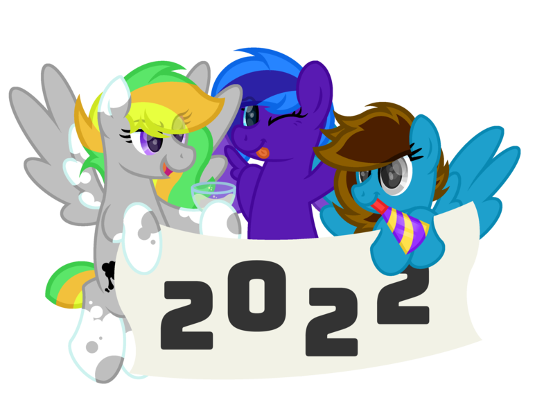 Size: 3400x2600 | Tagged: safe, artist:ponkus, derpibooru import, oc, oc:flugel, oc:memeancholy, oc:odd inks, pegasus, pony, :p, alcohol, banner, drink, female, happy new year, holiday, image, mare, png, tongue out