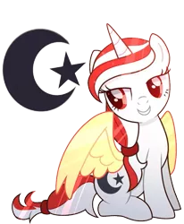 Size: 719x872 | Tagged: safe, artist:tialtri, derpibooru import, oc, oc:sinar bulan indonesia, alicorn, pony, base used, cutie mark, hair tie, ibispaint x, image, indonesia, islam, moon, not cream heart, png, simple background, stars, transparent background