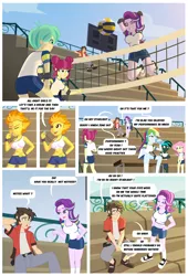 Size: 1900x2800 | Tagged: suggestive, derpibooru import, fluttershy, rainbow dash, spitfire, starlight glimmer, tennis match, oc, oc:draco k-night blaze, equestria girls, clothes, comic, commission, female, image, male, midriff, png, shoes, shorts, sneakers, straight