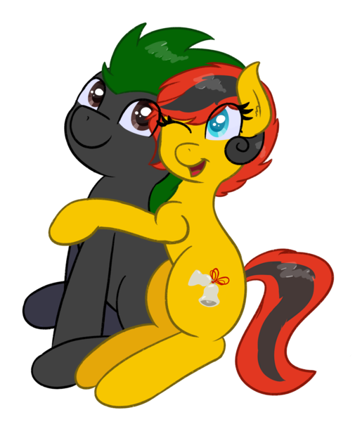 Size: 1444x1717 | Tagged: safe, artist:eyeburn, derpibooru import, oc, oc:miko, oc:southern belle, unofficial characters only, earth pony, pony, derpibooru community collaboration, 2022 community collab, hug, image, png, sitting