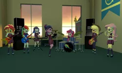 Size: 5120x3072 | Tagged: safe, artist:n3onh100, derpibooru import, applejack, fluttershy, pinkie pie, rainbow dash, rarity, sci-twi, sunset shimmer, twilight sparkle, equestria girls, 3d, bass guitar, canterlot high, clothes, costume, drums, gmod, guitar, image, k-on, keyboard, microphone, musical instrument, png, reference, shadowbolts costume, speakers, tambourine, the rainbooms