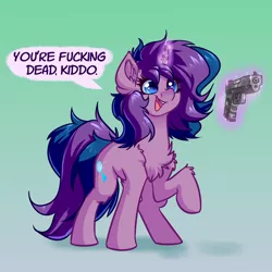 Size: 4000x4000 | Tagged: safe, artist:witchtaunter, derpibooru import, oc, oc:stellar trace, pony, unicorn, chest fluff, commission, copypasta, dissonant caption, ear fluff, gradient background, gun, image, magic, meme, navy seal copypasta, png, raised hoof, shoulder fluff, smiling, solo, speech bubble, telekinesis, text, this will end in death, threat, threatening, vulgar, weapon