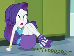 Size: 868x660 | Tagged: suggestive, artist:thedarkpony, derpibooru import, edit, edited screencap, screencap, rarity, best trends forever, equestria girls, equestria girls series, cropped, fart, fart edit, fart noise, female, image, onomatopoeia, png, shocked, shocked expression, sitting, sound effects