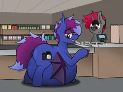 Size: 3000x2250 | Tagged: suggestive, artist:aaathebap, derpibooru import, oc, oc:aaaaaaaaaaa, oc:cooper bubble, bat pony, bat pony oc, bat wings, belly, big belly, blueberry inflation, duo, embarrassed, grocery store, huge belly, humiliation, image, impossibly large belly, inflation, png, public humiliation, swelling, vulgar, wing hold, wings