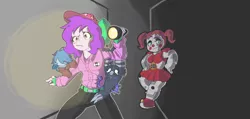 Size: 5062x2404 | Tagged: safe, artist:doodlegamertj, derpibooru import, oc, oc:doodlegamertj, oc:mable syrup, oc:mona, avian, bird, ghost, robot, undead, equestria girls, animatronic, bow, deaf, female, five nights at freddy's, flashlight (object), hair bow, hat, image, leaning on wall, pigtails, png, purple hair, sister location