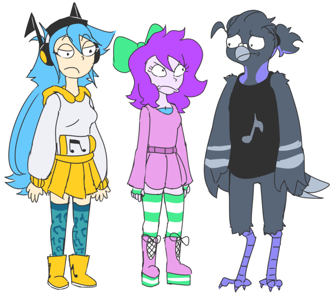 Size: 3210x2851 | Tagged: safe, artist:doodlegamertj, derpibooru import, oc, oc:doodlegamertj, oc:mable syrup, oc:musicallie, unofficial characters only, anthro, avian, bird, equestria girls, angry, beak, blue hair, bow, clothes, deaf, dress, hair bow, headphones, hoodie, image, long hair, music notes, platform boots, png, purple hair, rick and morty, simple background, skirt, socks, striped socks, transparent background