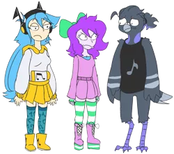 Size: 3210x2851 | Tagged: safe, artist:doodlegamertj, derpibooru import, oc, oc:doodlegamertj, oc:mable syrup, oc:musicallie, unofficial characters only, anthro, avian, bird, equestria girls, angry, beak, blue hair, bow, clothes, deaf, dress, hair bow, headphones, hoodie, image, long hair, music notes, platform boots, png, purple hair, rick and morty, simple background, skirt, socks, striped socks, transparent background