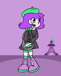 Size: 2000x2500 | Tagged: safe, artist:bigsneks, derpibooru import, oc, oc:mable syrup, unofficial characters only, equestria girls, beret, bow, clothes, coat, deaf, eiffel tower, france, happy, hat, image, platform boots, png, purple background, purple hair, simple background, socks, striped socks