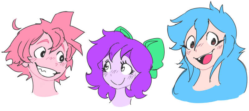 Size: 2982x1328 | Tagged: safe, derpibooru import, oc, oc:adam, oc:mable syrup, oc:musicallie, unofficial characters only, equestria girls, blue hair, bow, deaf, hair bow, happy, image, long hair, pink hair, png, purple hair, simple background, transparent background