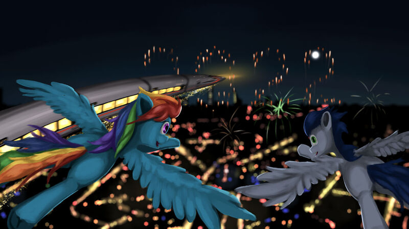 Size: 1280x718 | Tagged: safe, artist:edgillock, derpibooru import, rainbow dash, soarin', pegasus, pony, butt, duo, female, flying, happy new year, holiday, image, jpeg, male, rainbutt dash, shipping, soarindash, spread wings, straight, wings