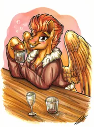 Size: 2481x3354 | Tagged: safe, artist:lupiarts, derpibooru import, spitfire, absurd resolution, alcohol, artwork, blushing, bomber jacket, clothes, colored, drawing, drink, drunk, illustration, image, jacket, jpeg, sexy, stupid sexy spitfire, tipsy, traditional art, whiskey, wonderbolts