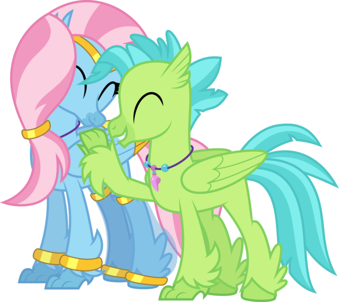 Size: 5617x5000 | Tagged: safe, artist:melisareb, derpibooru import, oc, oc:bottlegriff, oc:wishgriff, unofficial characters only, hippogriff, pony, derpibooru community collaboration, 2022 community collab, absurd resolution, bracelet, brother and sister, duo, eyes closed, female, image, jewelry, male, mare, necklace, png, siblings, simple background, smiling, stallion, transparent background, vector