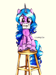 Size: 600x800 | Tagged: safe, artist:liaaqila, artist:szafir87, derpibooru import, izzy moonbow, pony, unicorn, animated, bracelet, cute, female, g5, gif, hug request, image, izzybetes, jewelry, mare, mouth hold, raised hoof, signature, simple background, sitting, stool, tail, tail wag, traditional art, unshorn fetlocks