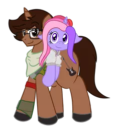 Size: 1838x1987 | Tagged: safe, artist:nerdymexicanunicorn, derpibooru import, oc, oc:kunzite, oc:nerdy, unofficial characters only, unicorn, derpibooru community collaboration, 2022 community collab, armband, clothes, cosplay, costume, cutie mark, duo, fabio sparklemane (cosplay), fortnite, glasses, image, jacket, lying down, male, males only, on back, png, pygmy pony, scarf, uniform