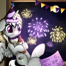 Size: 1280x1280 | Tagged: safe, artist:appleneedle, derpibooru import, oc, oc:dark tempest, alicorn, pony, 2022, alcohol, art, booze, bottle, digital art, draw, drawing, fireworks, image, jpeg, newyear, paint, painting, party