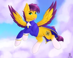 Size: 2500x2000 | Tagged: safe, artist:monsoonvisionz, derpibooru import, oc, oc:yellow jack, pegasus, pony, :p, clothes, cloud, coat markings, colored wings, cutie mark, image, png, socks (coat marking), solo, tongue out, two toned wings, uniform, wings