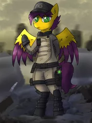 Size: 1620x2160 | Tagged: safe, artist:nagithebat, derpibooru import, oc, oc:yellow jack, unofficial characters only, pegasus, clothes, colored wings, enclave, enclave uniform, energy weapon, gun, image, outfit, png, pose, solo, two toned wings, uniform, weapon, wings