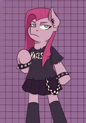 Size: 1668x2388 | Tagged: safe, artist:theedgyduck, derpibooru import, pinkie pie, earth pony, pony, bipedal, bracelet, clothes, ear piercing, female, image, mare, piercing, pinkamena diane pie, png, punk, punkamena, punkie pie, shirt, simple background, socks, solo, song reference, spiked wristband, standing on two hooves, standing up, t-shirt, wristband