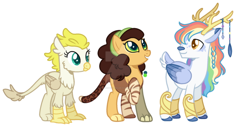 Size: 1024x551 | Tagged: safe, artist:hopenotfound, derpibooru import, oc, unofficial characters only, deer, deer pony, hippogriff, hybrid, original species, female, image, magical lesbian spawn, magical threesome spawn, male, offspring, parent:cheese sandwich, parent:discord, parent:gabby, parent:king aspen, parent:rainbow dash, parent:surprise, parent:zecora, png, simple background, transparent background