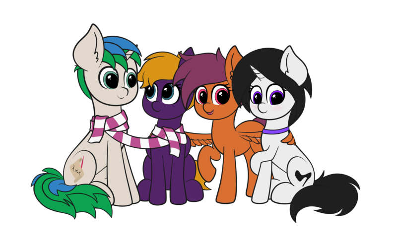 Size: 3200x2000 | Tagged: safe, artist:veeayydee, derpibooru import, oc, oc:anastasia, oc:marco, oc:purple creativity, oc:star logic, oc:vee, unofficial characters only, pegasus, pony, unicorn, derpibooru community collaboration, 2022 community collab, black mane, black tail, blue eyes, clothes, ear fluff, female, green eyes, high res, horn, hug, image, looking at each other, looking at someone, male, mare, open mouth, open smile, png, purple eyes, raised hoof, scarf, shared clothing, shared scarf, simple background, sitting, smiling, spread wings, stallion, standing, tail, transparent background, two toned mane, two toned tail, winghug, wings