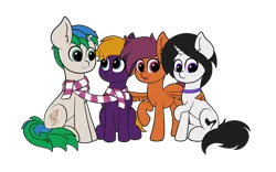Size: 3200x2000 | Tagged: safe, artist:veeayydee, derpibooru import, oc, oc:anastasia, oc:marco, oc:purple creativity, oc:star logic, oc:vee, unofficial characters only, pegasus, pony, unicorn, derpibooru community collaboration, 2022 community collab, black mane, black tail, blue eyes, clothes, ear fluff, female, green eyes, high res, horn, hug, image, looking at each other, looking at someone, male, mare, open mouth, open smile, png, purple eyes, raised hoof, scarf, shared clothing, shared scarf, simple background, sitting, smiling, spread wings, stallion, standing, tail, transparent background, two toned mane, two toned tail, winghug, wings