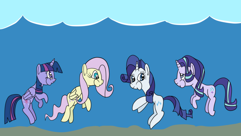 Size: 1920x1080 | Tagged: safe, artist:platinumdrop, derpibooru import, fluttershy, rarity, starlight glimmer, twilight sparkle, twilight sparkle (alicorn), alicorn, pegasus, pony, unicorn, image, png, puffy cheeks, request, underwater