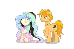 Size: 3000x2000 | Tagged: artist needed, safe, derpibooru import, oc, oc:daisy diamond, oc:rustic rails, unofficial characters only, alicorn, pony, unicorn, derpibooru community collaboration, 2022 community collab, ^^, duo, eyes closed, female, full body, green eyes, grin, high res, hoof polish, horn, image, looking at someone, male, mare, png, raised hoof, shadow, show accurate, simple background, smiling, spread wings, stallion, standing, tail, transparent background, two toned mane, two toned tail, wings
