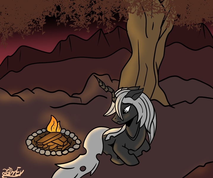 Size: 1144x956 | Tagged: safe, artist:zadrex, derpibooru import, oc, changeling, pony, campfire, cover, fanfic art, image, jpeg, night, savanna, solo, tree