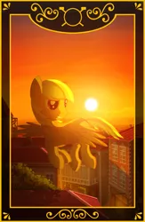 Size: 705x1080 | Tagged: safe, artist:gign-3208, derpibooru import, ponified, pegasus, pony, building, card, flying, grin, image, looking back, png, sky, smiling, smirk, solo, spread wings, sun, sunset, the chronicles of amber, wings